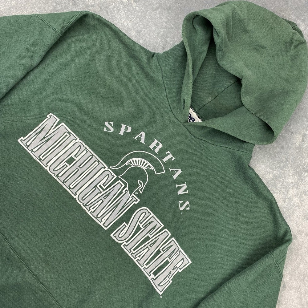 Vtg Michigan State Sweatshirt‎ Mens XL Green Hoodie Spellout Logo Faded Boxy Lee